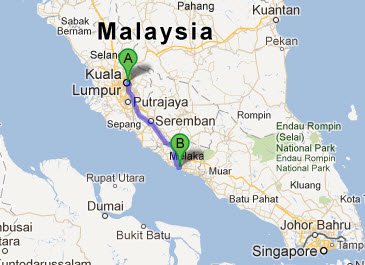 Kuala Lumpur para Malaca - via Google Maps
